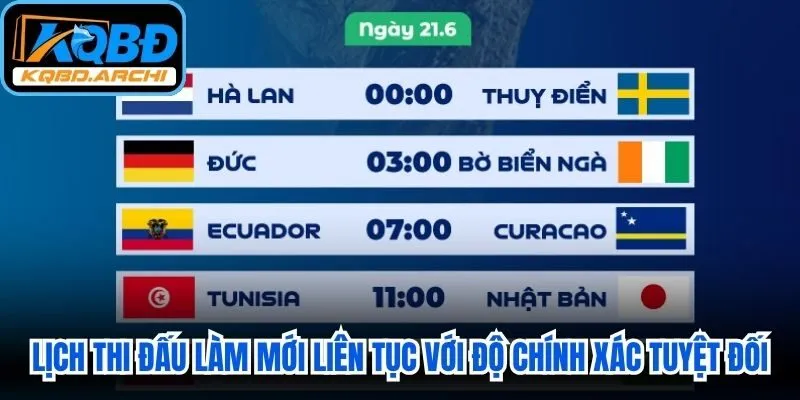 Lịch thi đấu được làm mới liên tục với độ chính xác tuyệt đối